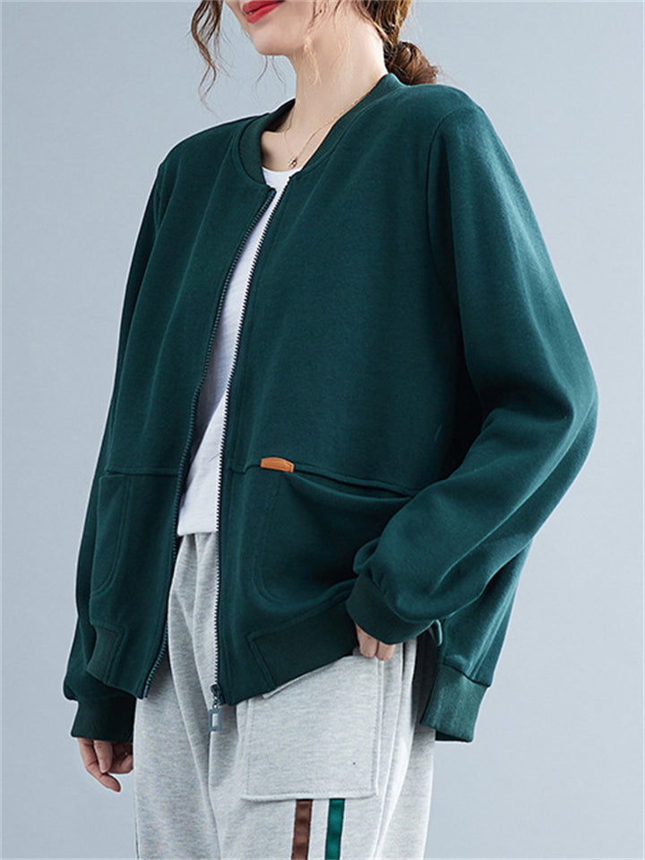 Retro Long Sleeve Zip Pockets Solid Color Jacket for Women