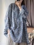 Women's Vintage O-Neck Loose Ramine Blue Patchwork Long Sleeve Shirts