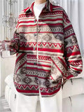 Retro Loose Stripe Long Sleeve Woolen Pockets Jacket for Men