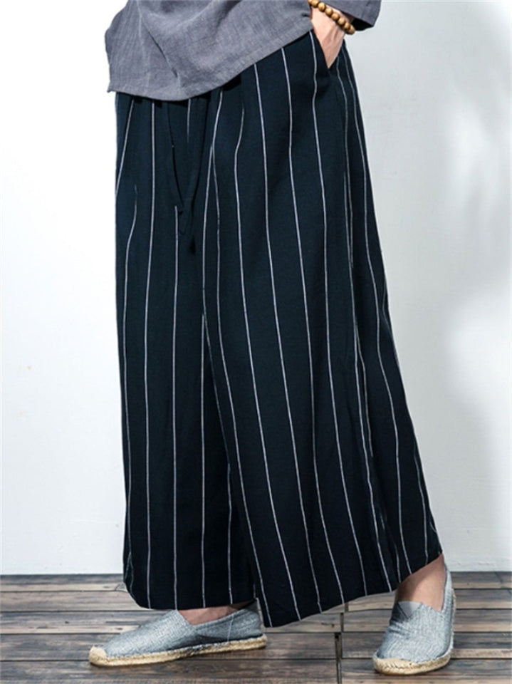 Men's Casual Summer Linen Wide Leg Stripe Pants