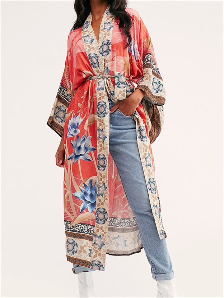 Ladies Beachwear Crane Floral Print Kimono Robe