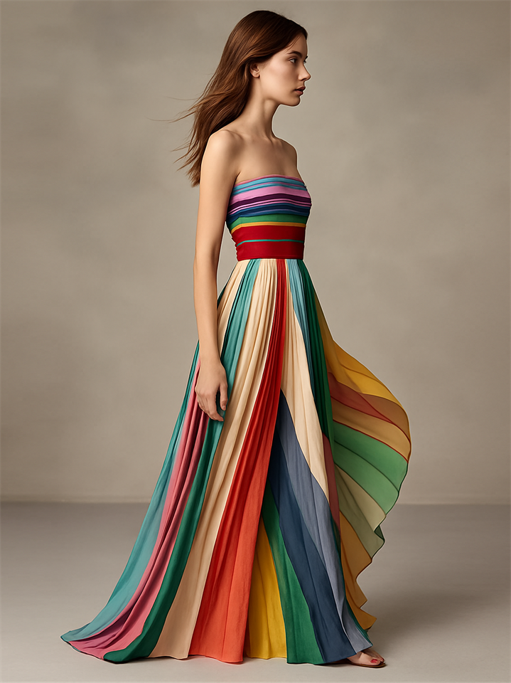 Beautiful Rainbow Color Striped Off Shoulder Flowy Long Dress
