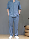 Men's 2Pcs Comfy Stand Collar V Neck Short Sleeve Solid Color Outfits