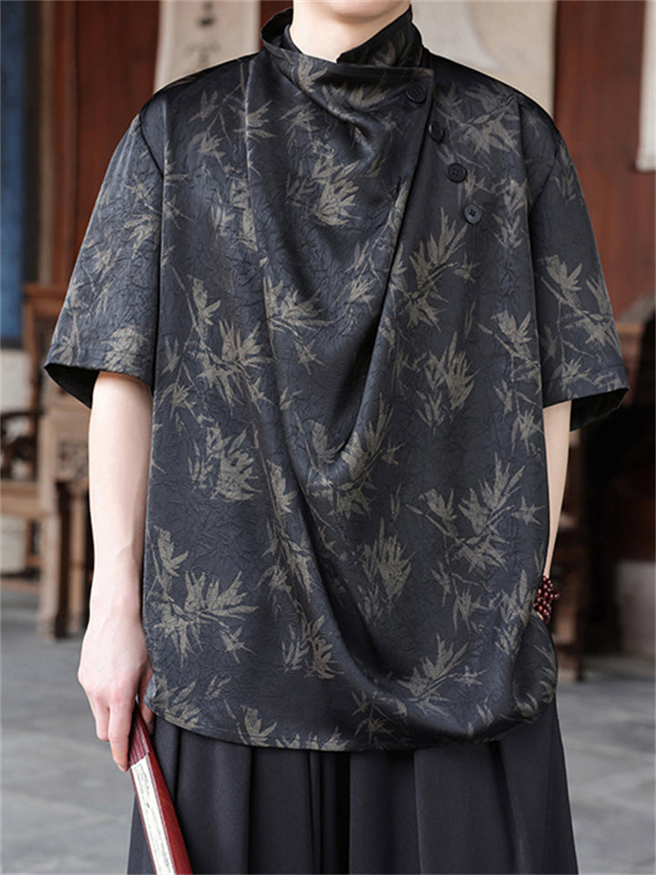 Men's Summer Black Cool Leaves Print Turtleneck Pile Collar Shirt