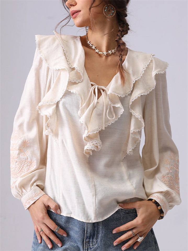 Women's French Style Apricot V-Neck Ruffled Shirt