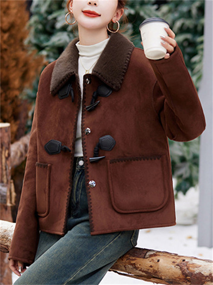 Women's Winter Vintage Contrast Trim Fleeced Faux Suede Long Sleeve Coats