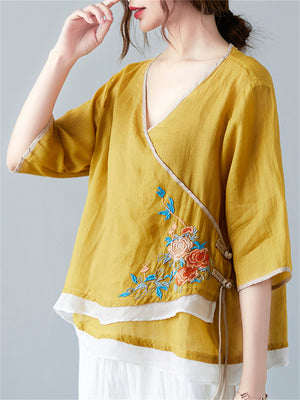 Female Breathable V-neck Cotton Linen Embroidered T-shirts