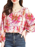 Korean Style Floral Print Round Neck Puff Sleeve Shirt for Women