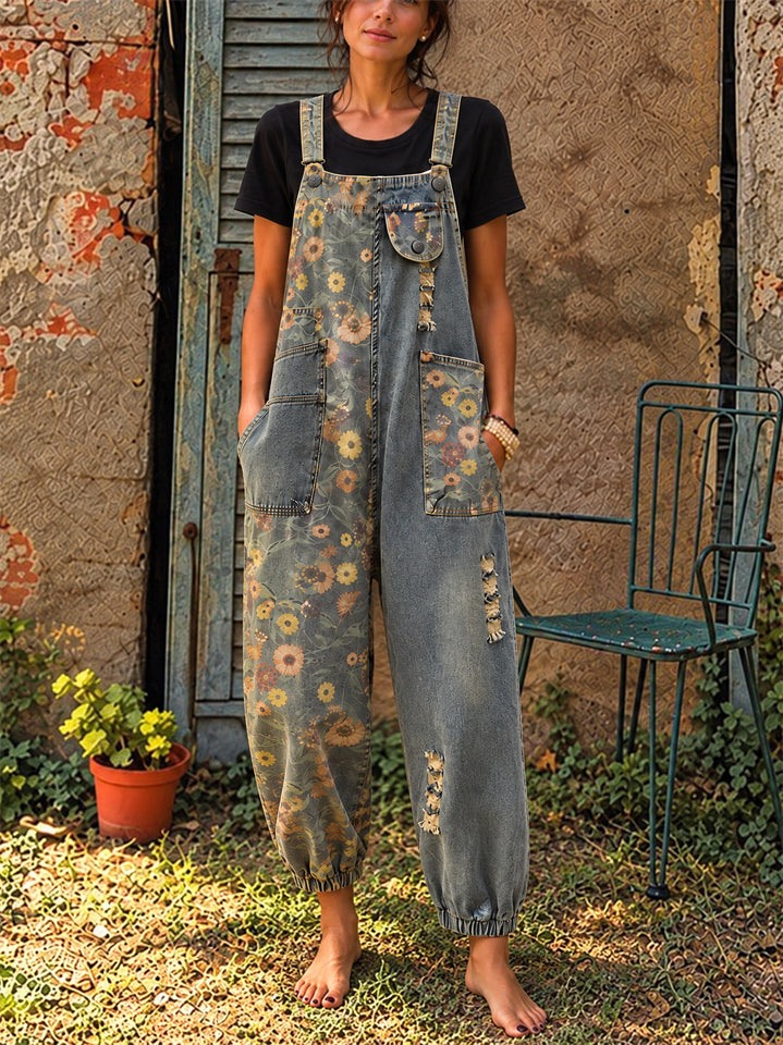 Women Floral Denim Baggy Wide Leg Overalls Jumpsuit with Pockets