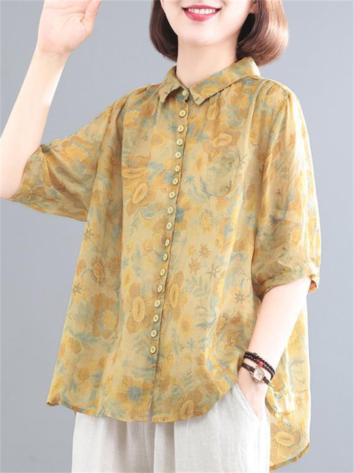 Women's Retro Casual Floral Print Short Sleeve Shirts