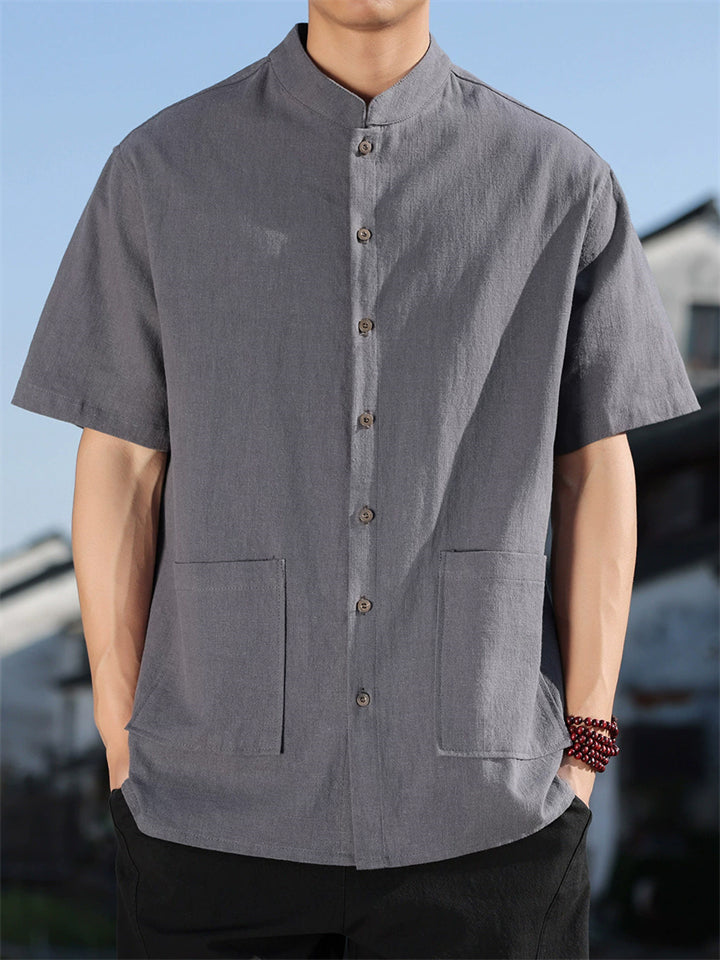 Men's Simple Short Sleeve Ramine Blend Mandarin Collar Casual Shirts