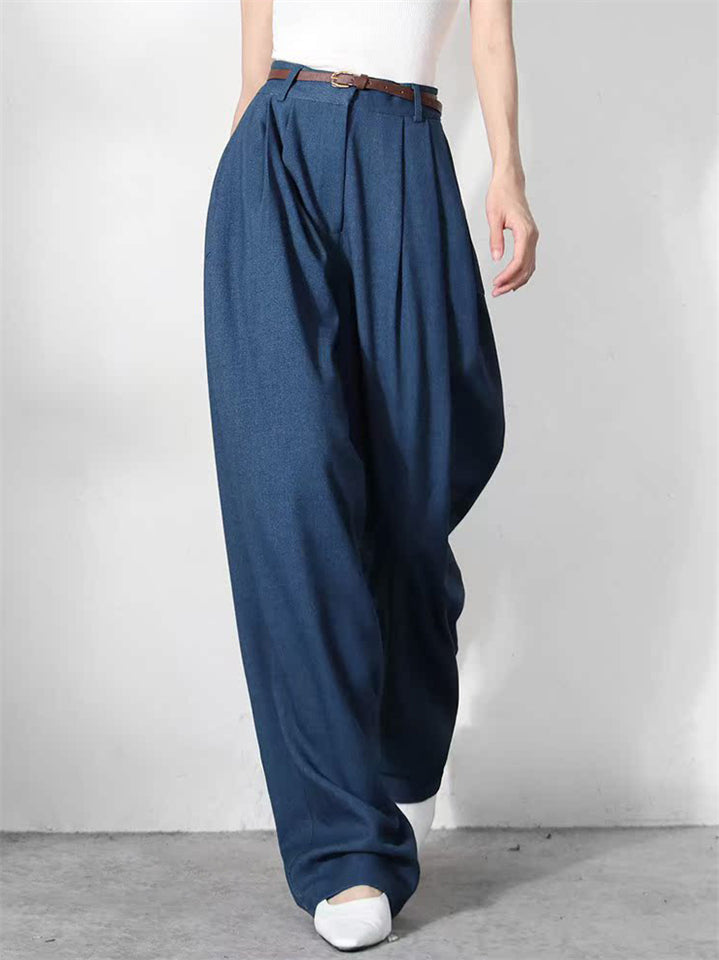 Women's Casual Blue Relaxed High-Waist Office Pants