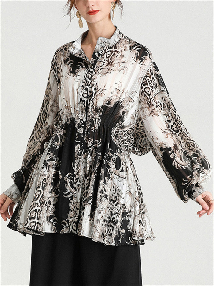 Women's Button Up Lantern Sleeve Printed Satiny Shirts