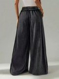 Women's Distressed Black Elastic Waist Wide Leg Long Pants