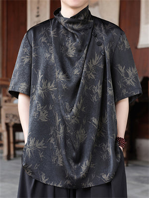Men's Summer Black Cool Leaves Print Turtleneck Pile Collar Shirt