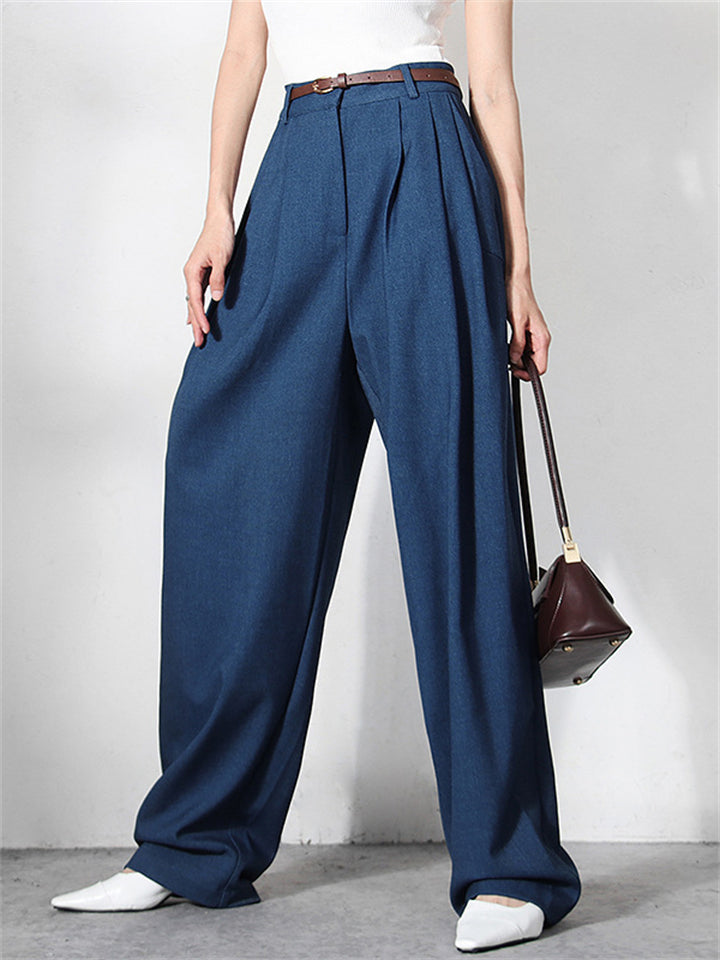 Women's Casual Blue Relaxed High-Waist Office Pants