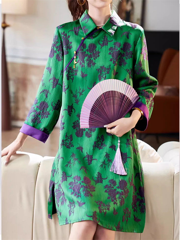 Chinese Style Green Jacquard Lapel Long Sleeve Dress for Women
