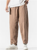 Men's Casual Linen Solid Color Drawstring Cropped Pants