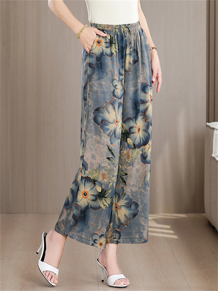 Women's Elegant Print Elastic Waist Wide Leg Cropped Pants