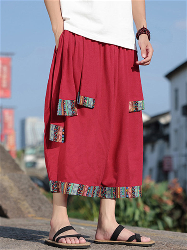 Men's Chinese Ethnic Style Patchwork Baggy Wide Leg Shorts