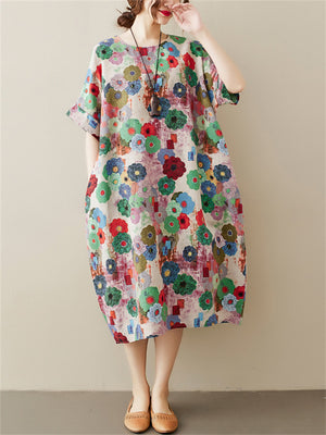 Flower Print Round Neck Mid-length Dress for Women