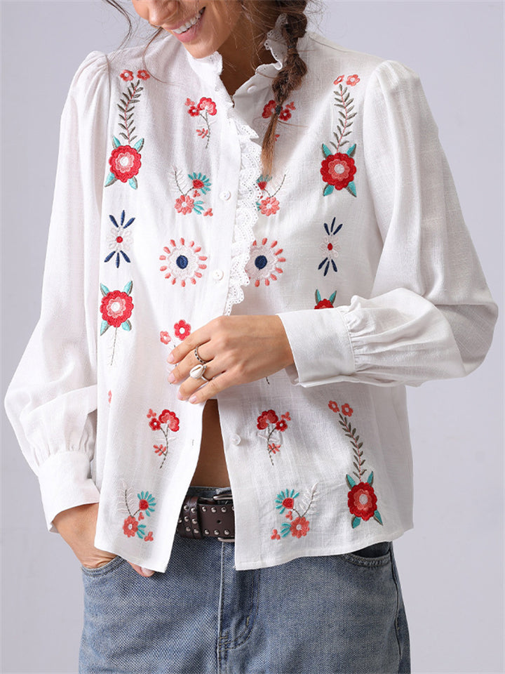 Women's White French Style Flowers Embroidery Ruffled Shirt