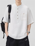 Men's Casual Stand Collar Solid Color Texture Short Sleeve Shirts