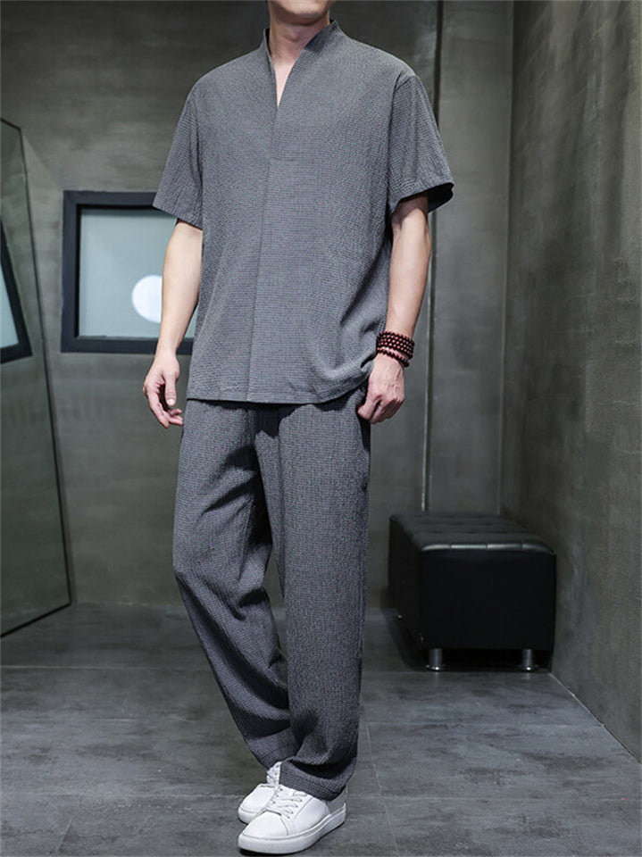 Men's 2Pcs Summer Zen Style Stand Collar Short Sleeve Solid Color Outfits