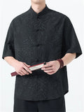 Men's Chinese Style Jacquard Loose Stand Collar Summer Short Sleeve Shirts