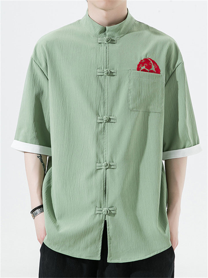 Men's Chinese Style Embroidery Frog Button Half Sleeve Shirts