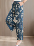 Women's Elegant Print Elastic Waist Wide Leg Cropped Pants