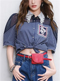 Women's French Style Blue Plaid Mesh Lace Patchwork Short Sleeve Shirts
