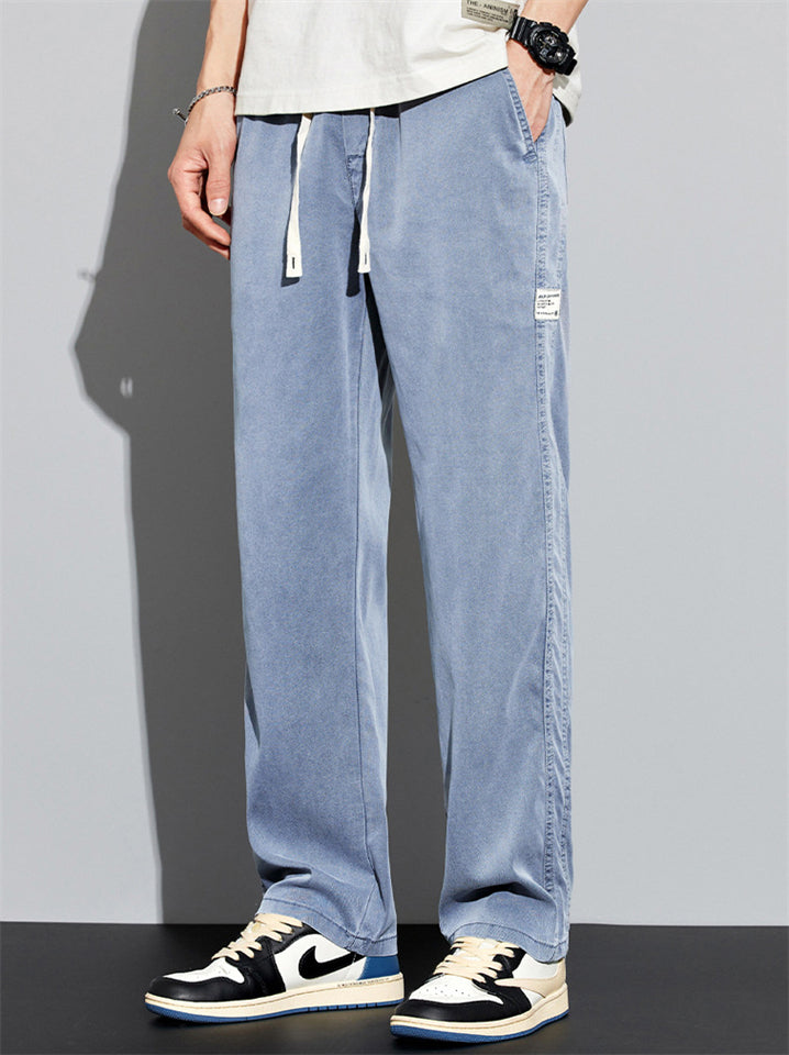 Mens Summer Casual Baggy Straight Leg Drawstring Streetwear Denim Pants