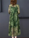 Women's Green Print V-Neck Long Sleeve Dress with Black Strappy Inner