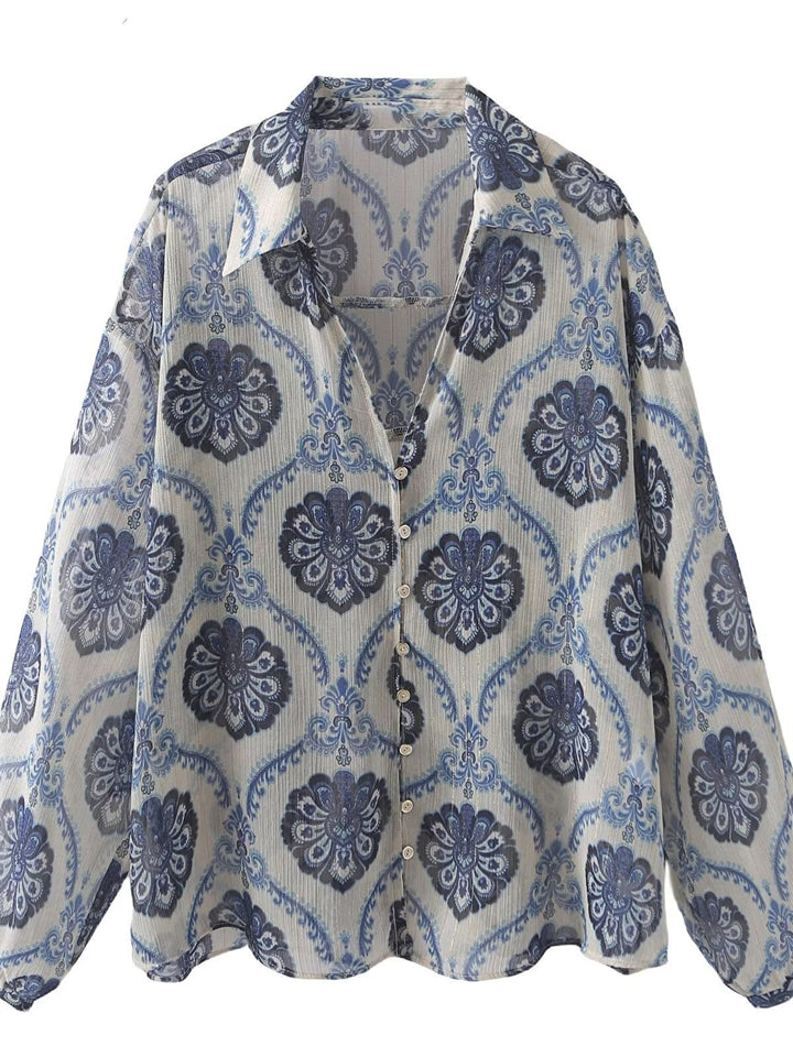Women's Casual Blue Flower Print Chiffon V Neck Shirt