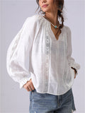 Women's French Style White V-Neck Puffed Sleeve Shirt