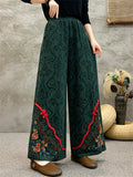 Women's Ethnic Style Floral Embroidered Frog Button Decor Wide Leg Pants