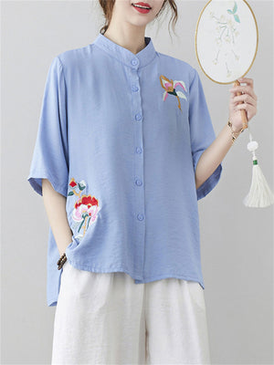 Women's Flowers Embroidered Stand-up Collar Half Sleeve Shirt