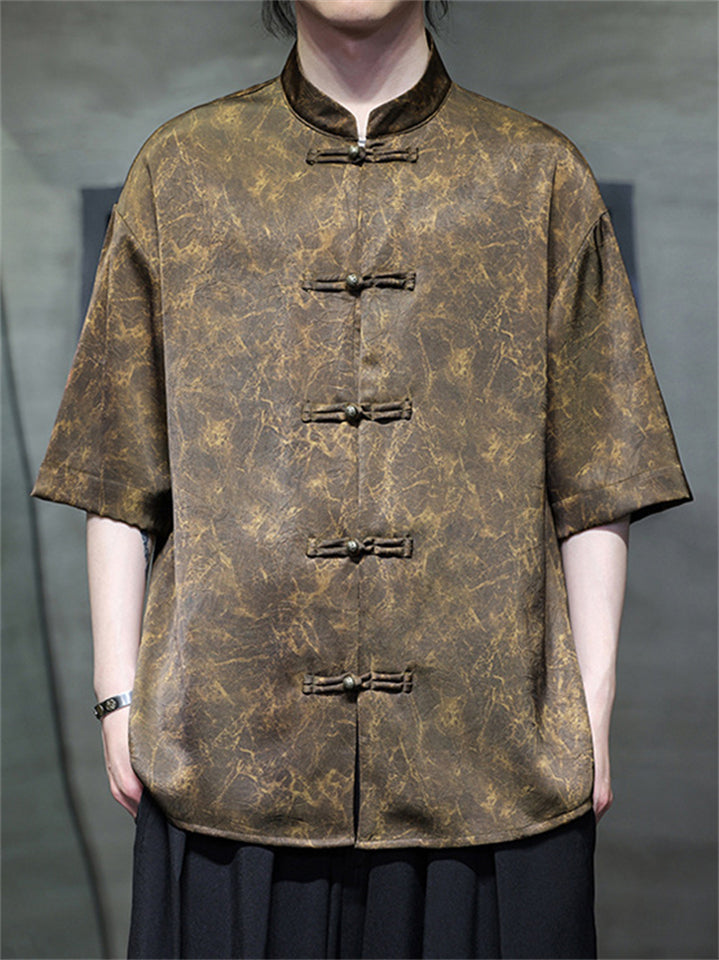 Men's Summer Cool Chinese Style Stand Collar Marble Print Half Sleeve Shirts