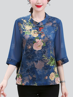 Women's Summer Elegant Peony Print Half Sleeve Shirt