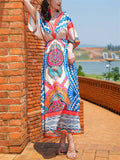 Women's Trendy Ethnic Holiday Style Print V Neck Maxi Dress