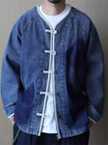 Retro Cotton Collarless Frog Button Denim Jacket for Men
