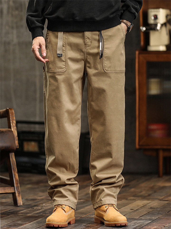 Men Vintage Cotton Drawstring Loose Fit Straight Leg Cargo Pants