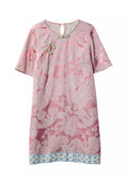 Women's Pink Jacquard O-neck Frog Buttons Short Sleeve Dress