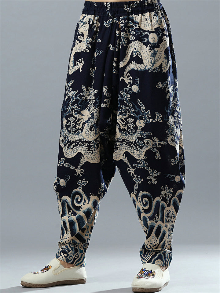 Men's Chinese Loong Print Elastic Waist Drop Crotch Pants