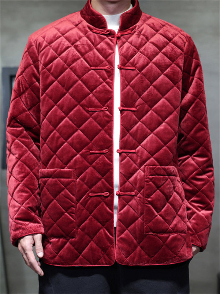 Men's Winter Vintage Solid Color Tangsuit Padded Quilted Coats