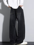 Men Wide Leg Drawstring Baggy Jeans Vintage Washed Streetwear Denim
