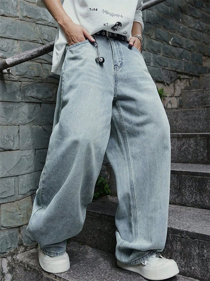 Mens Vintage Baggy Wide Leg Distressed Jeans with Pockets
