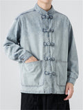 Men's Trendy Stand Collar Patch Pocket Washed Denim Jacket