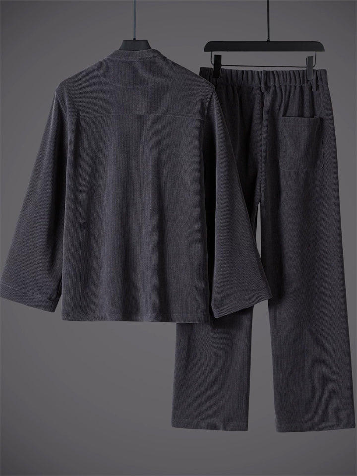 Men's 2Pcs Autumn Cotton Blend Corduroy Frog Button TangSuit Outfit